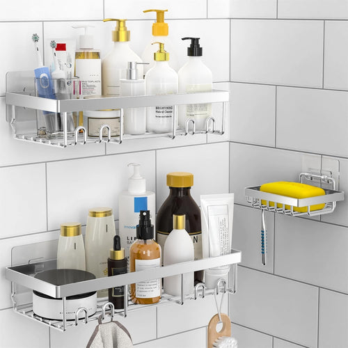 3-Pack Shower Caddy Basket Shelf with Soap Holder, No Drilling Traceless Adhesive Shower Wall Shelves, Rustproof Black Bathroom Shower Storage Organizer