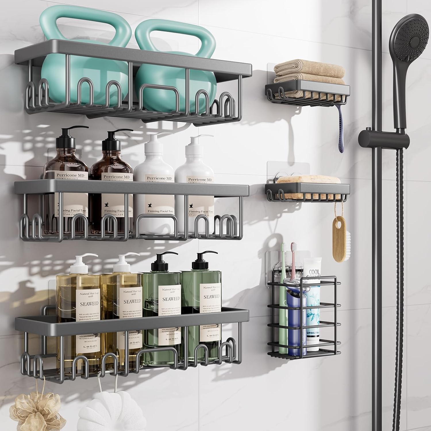 Shower Caddy 6-Pack, Advanced Rustproof Design, No Drilling Adhesive Shelves, Rack with Soap Holder, Large Capacity Bathroom Organizers and Storage, Wall-Mounted Kitchen & Home Decor