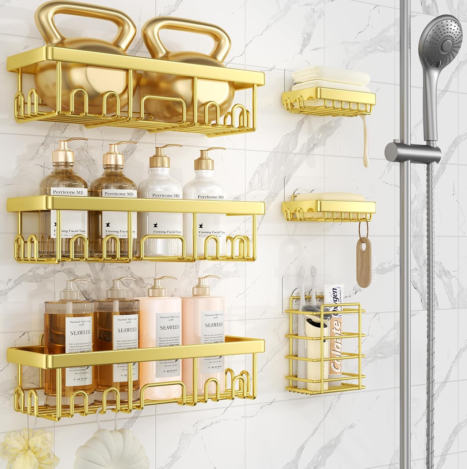 Shower Caddy 6-Pack, Advanced Rustproof Design, No Drilling Adhesive Shelves, Rack with Soap Holder, Large Capacity Bathroom Organizers and Storage, Wall-Mounted Kitchen & Home Decor