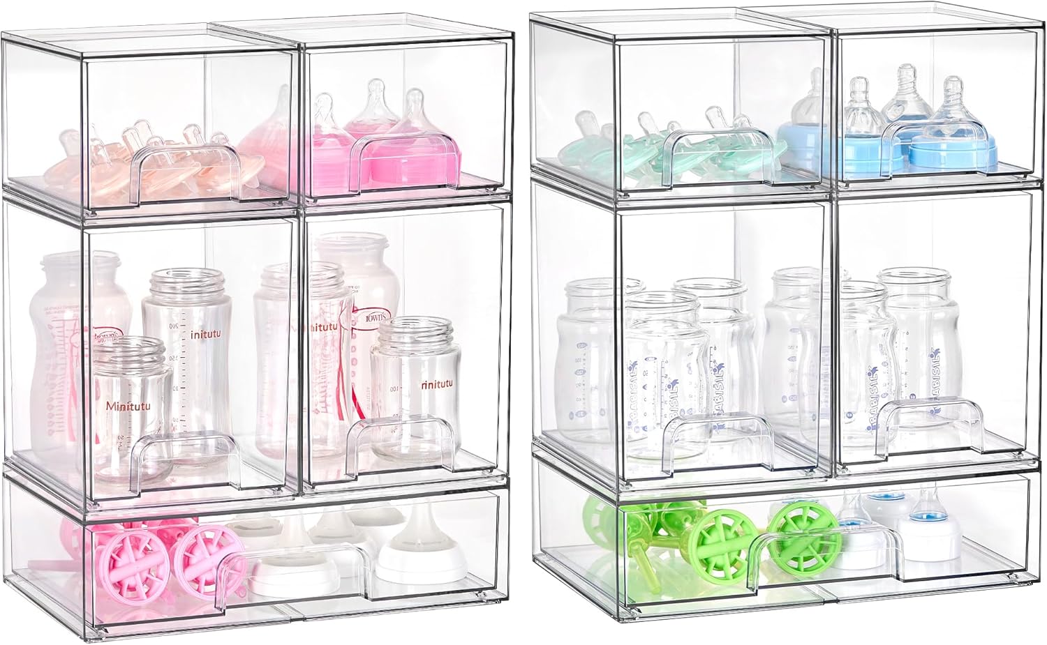 Stackable Storage Drawers Set of 5, Clear Plastic Organizer Bins for Baby Bottle, Beauty Supplies Storage, Ideal for Kichen Countertop, Vanity, Bathroom, Cabinet, Pantry Organization