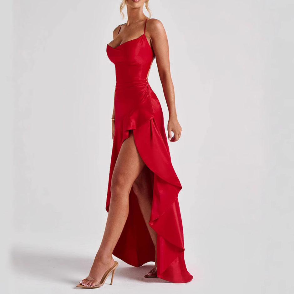 Women's Backless Ruffles Irregular Dress Summer Fashion Evening Party Club Split Suspender Maxi Dresses Clothing