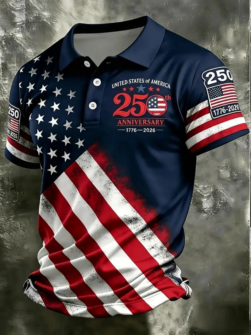 Patriotic American Flag Polo Shirt for Men, 250th Anniversary